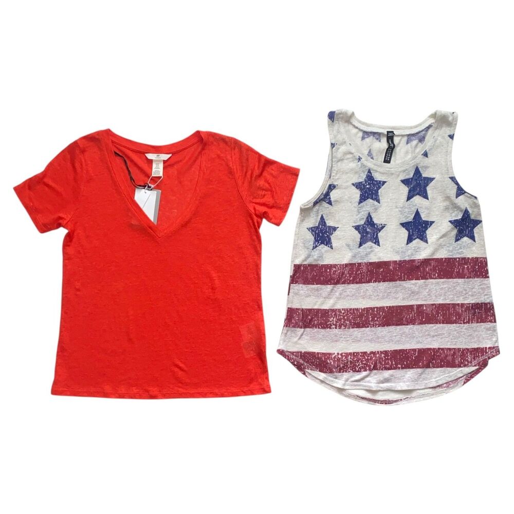 Lot of 2 Spring Summer Linen Tops Short Sleeve Shirt Tank Top H&M Design Lab XS